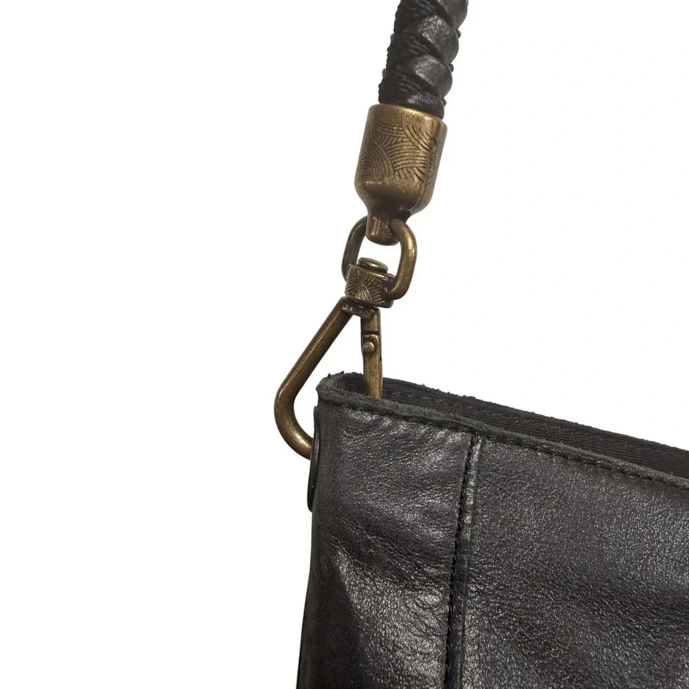 The Sak Black Leather Boho Shoulder Bag Braided Strap‎ Antique Brass Hardware